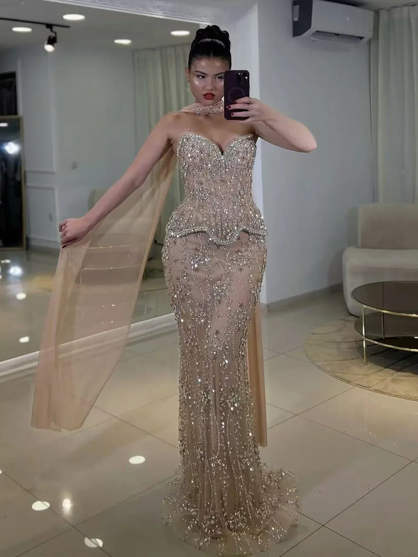 2026 Luxury Nude Beaded Mermaid Evening Gown Women Party