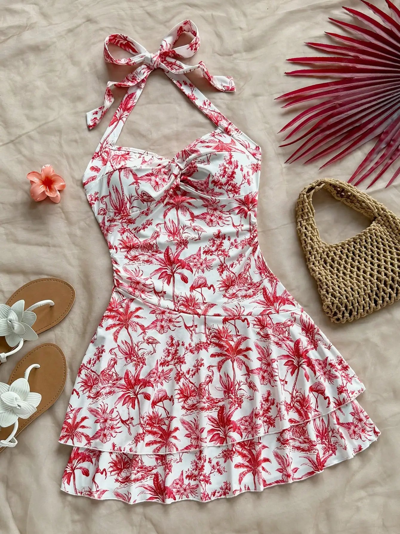 Halter Mini Dress Blue White Floral Print Palm Tree Bohemian Beach Summer Dress