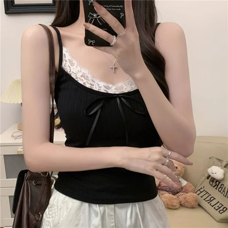 Pure Color Small Strap Vest Women's Inner Lace Base Shirt Spicy Girl Pure Desire Knot Tube Top Outerwear