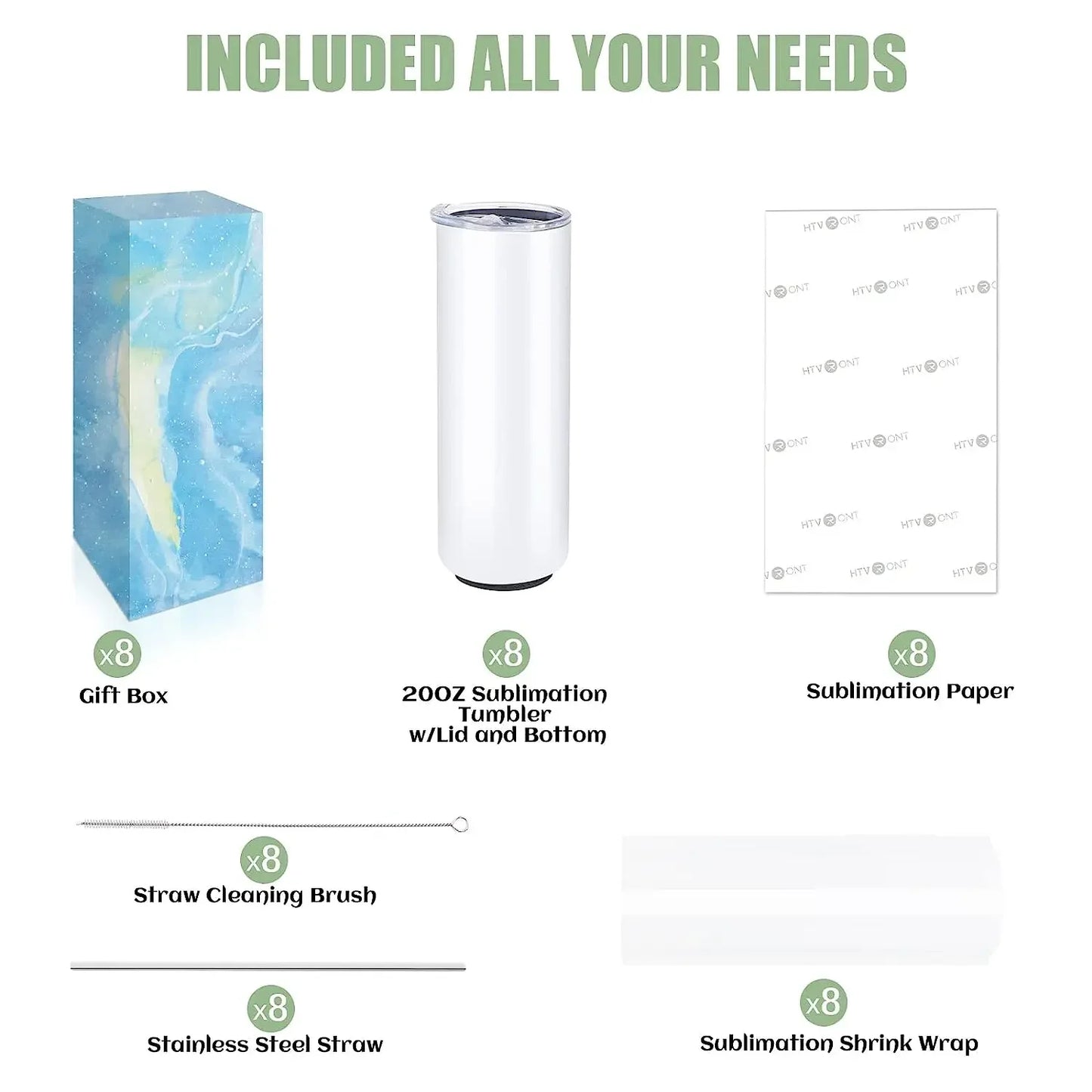 8 Pack Sublimation Tumbler Blanks Skinny Straight Stainless Steel Insulated