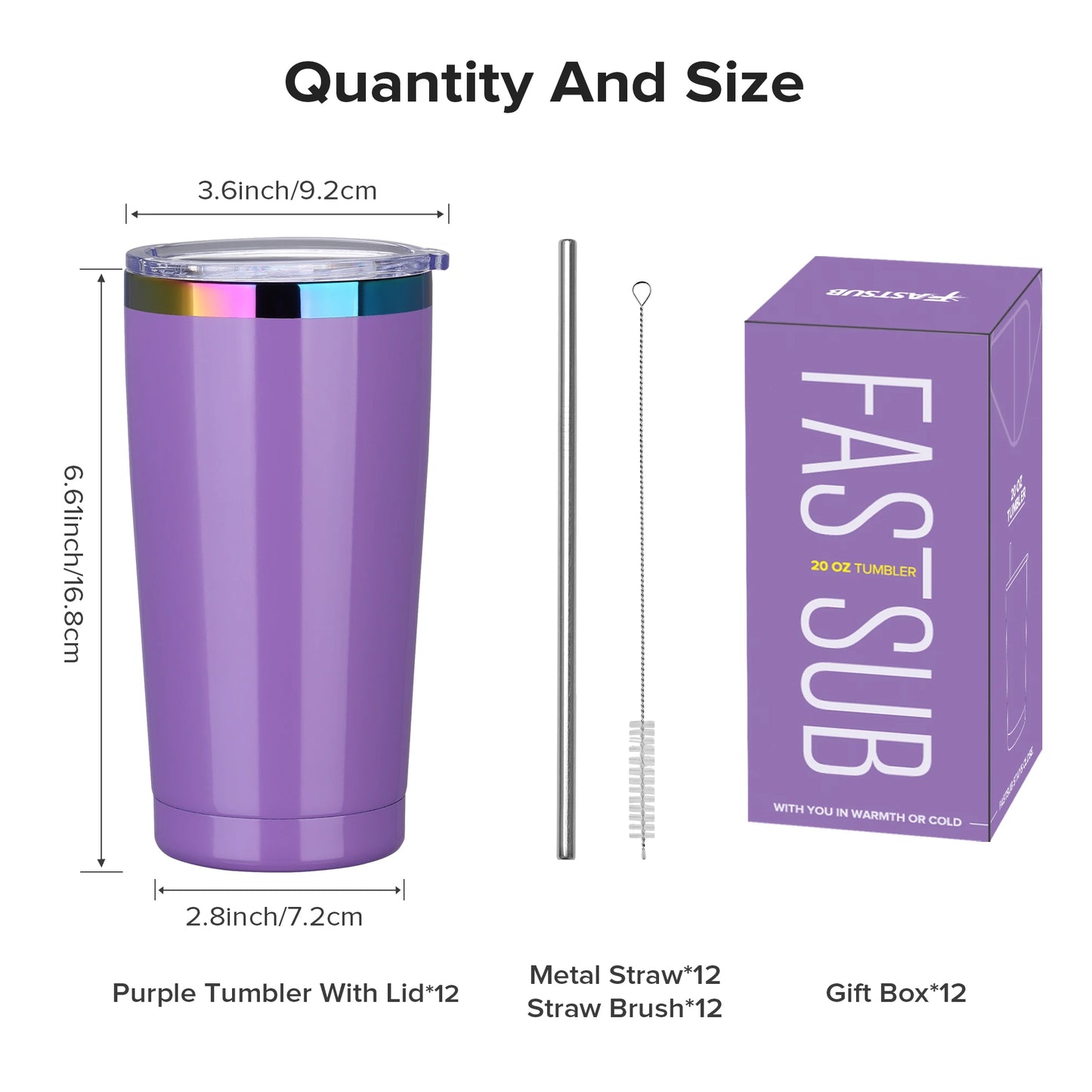 FastsubDrinkware 12 Pack Stainless Steel Tumblers Insulated With Lid
