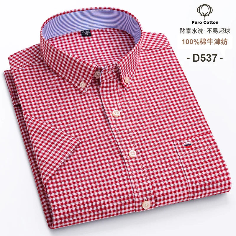 Men's Oxford Short Sleeve Summer Casual Shirts Single Pocket Comfortable Standard-fit Button-down Plaid Striped Cotton Shirt