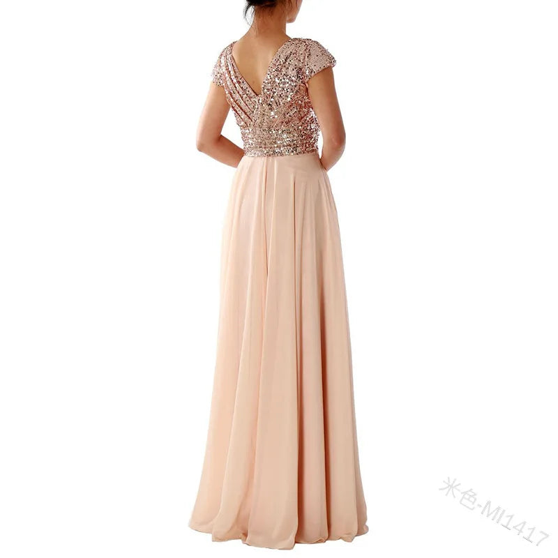 2026 summer new dress V-neck sequined chiffon splicing evening dress dress