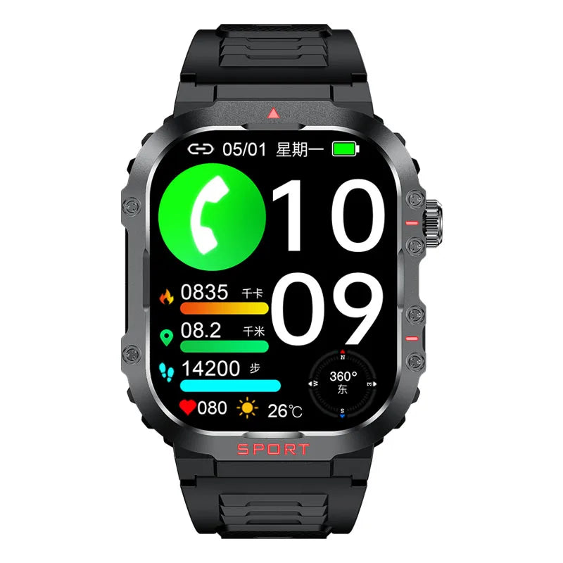 Outdoor Sports Android Square Smart Watch for Men/Women 2.01 Inch TFT Display Compass LED Flashlight 1ATM Waterproof Bracelet