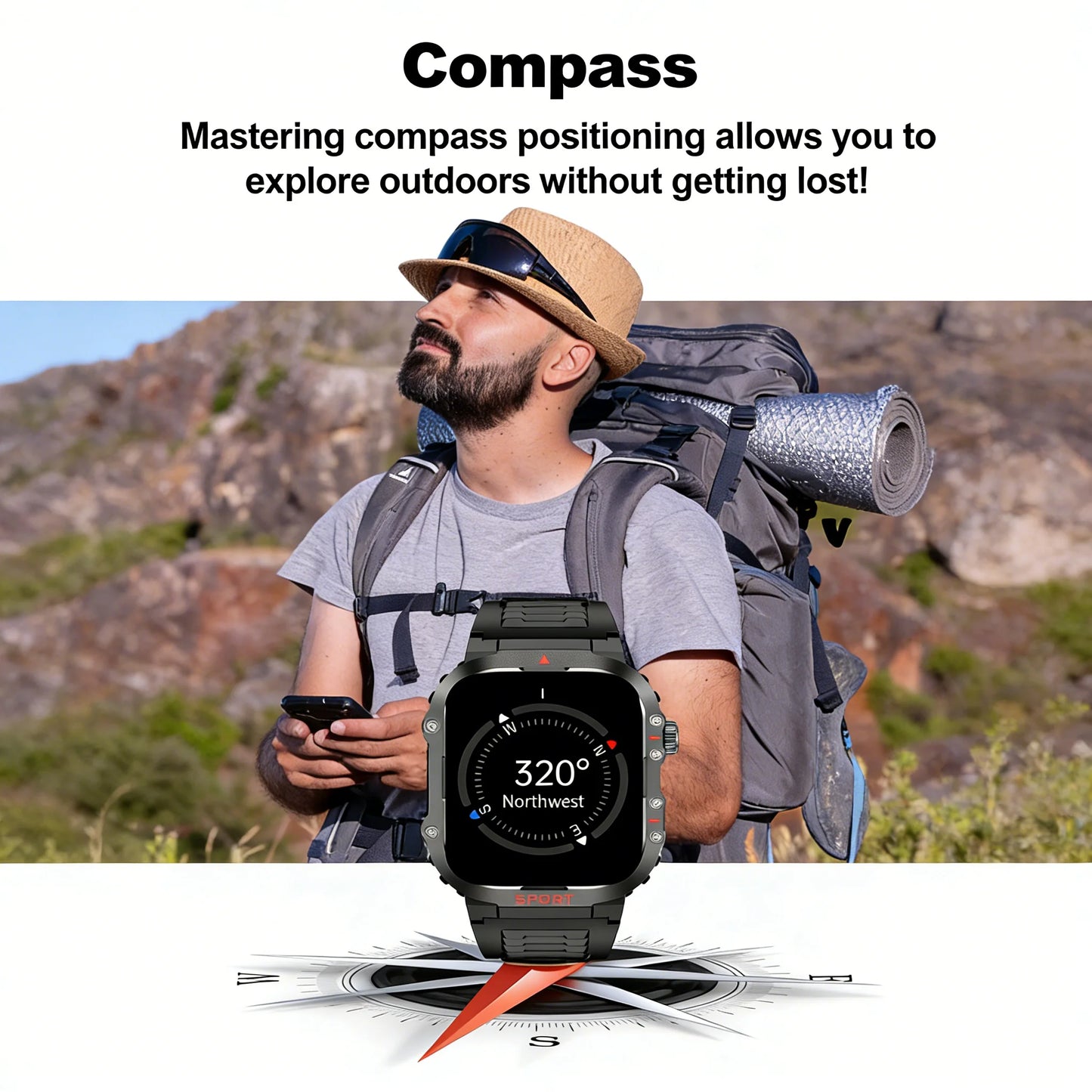 Outdoor Sports Android Square Smart Watch for Men/Women 2.01 Inch TFT Display Compass LED Flashlight 1ATM Waterproof Bracelet