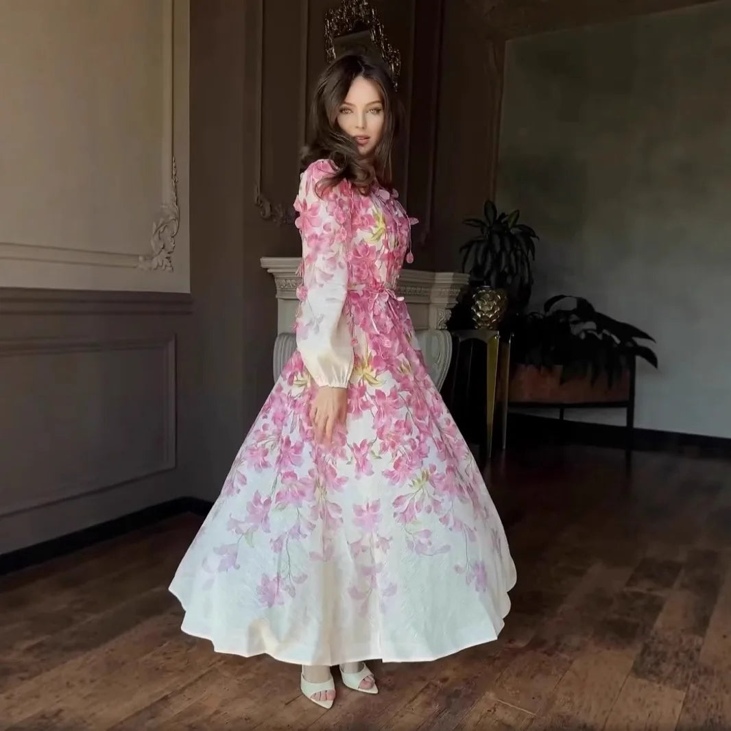 2026 Summer New Design Floral Pink Dress With An Elegant Flower Sea Look Robe Abaya Ramadan Dubai Luxury Islam Elegant
