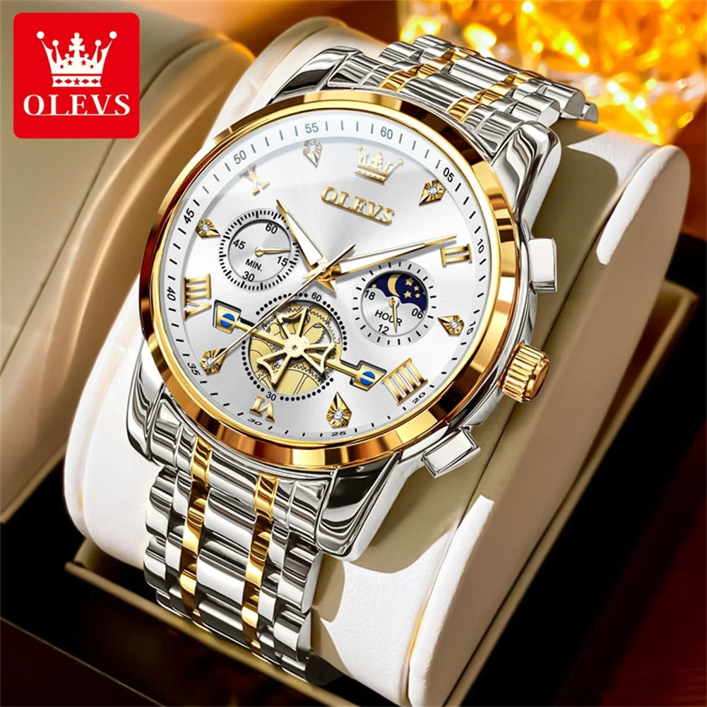 OLEVS Moon Phase Mens Watch Classic Flywheel Waterproof Stainless Steel