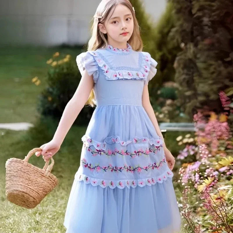 2026 Elegant Kids Blue Floral Embroidery Tulle Princess Gown