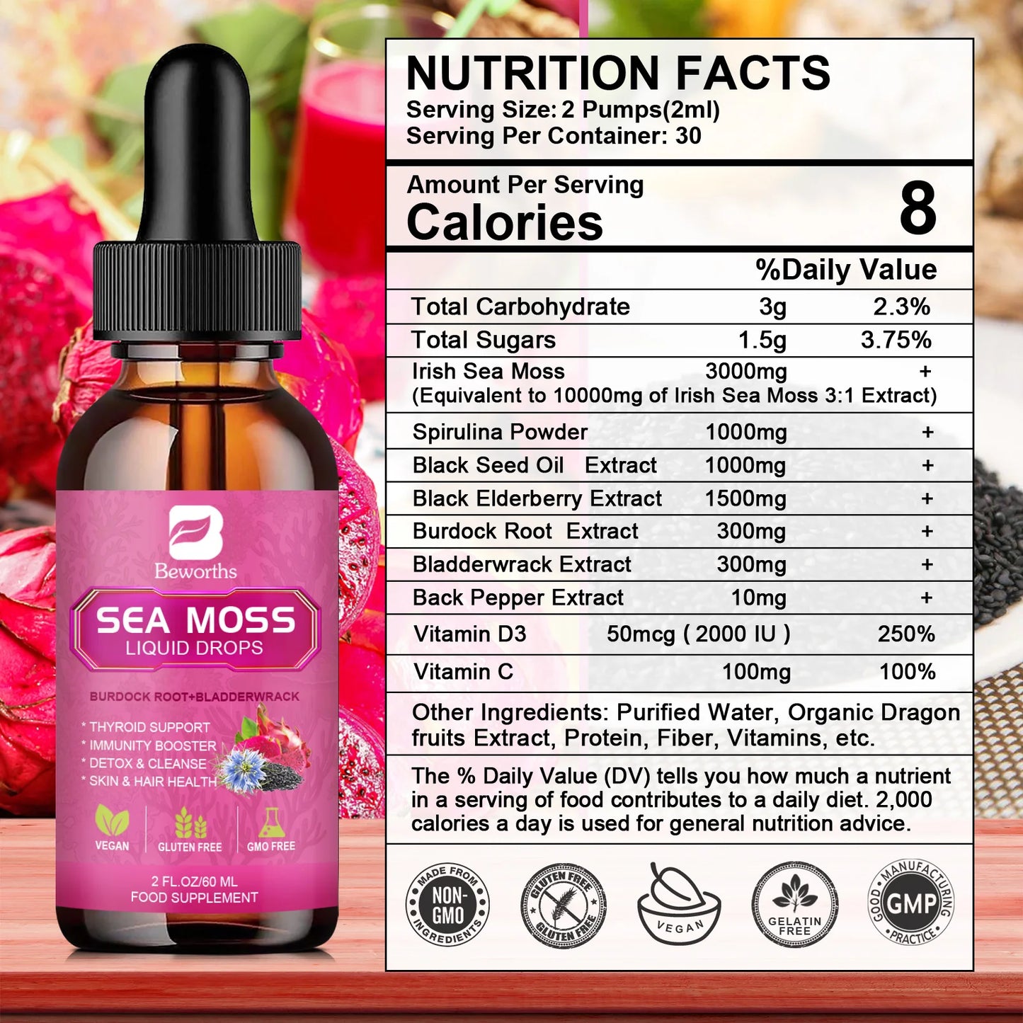 Beworths 3000mg Seamoss Organic Liquid Drops With Black Seed Oil