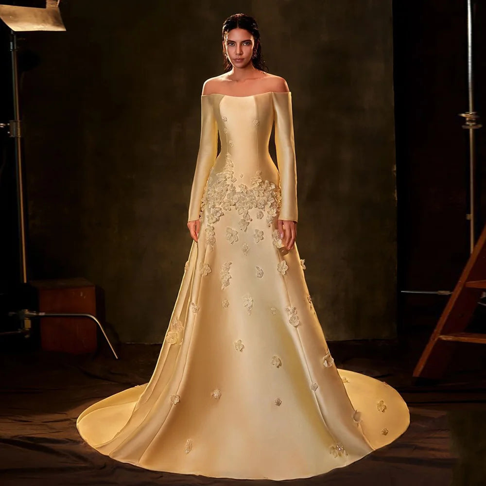 Arabic Yellow Mermaid Evening Gown Long Sleeves Floral Prom Dress