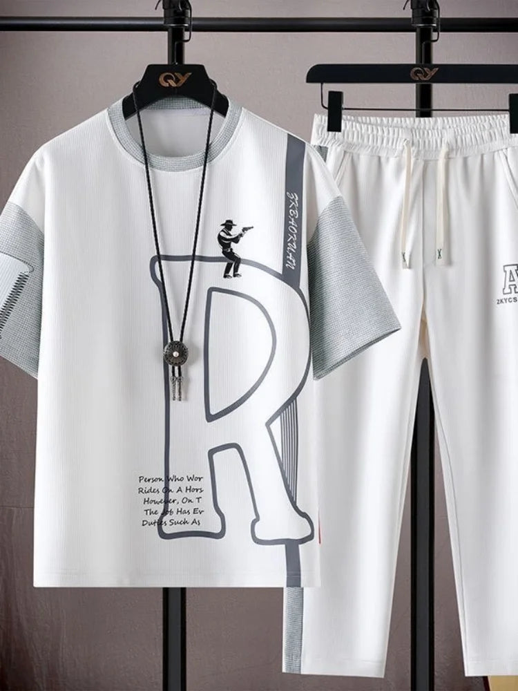 Summer Fashion Trendy Printed Short Sleeve T-Shirt Sports Set Men's Casual Loose Breathable High Quality Plus Size Two-Piece Set