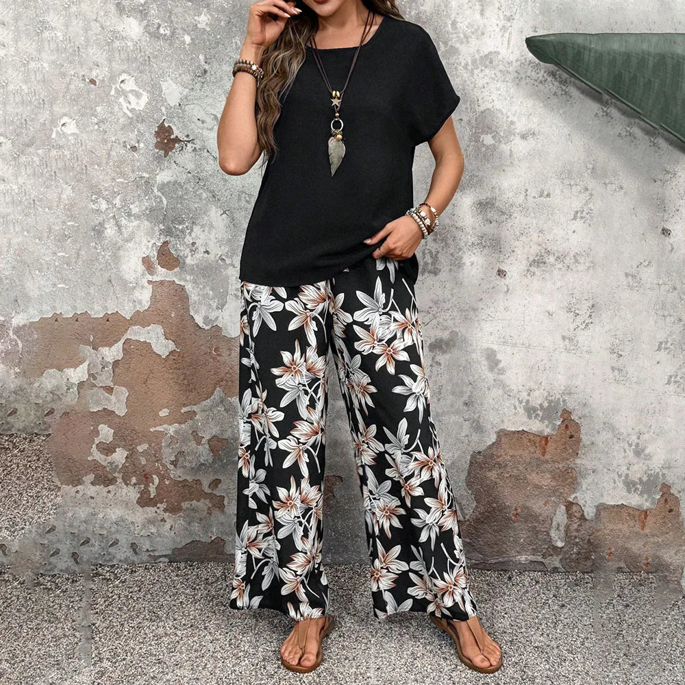 Summer Casual 2 Piece Set Women Outfit 2025 Fashion Loose Pullover Print Round Neck T-shirts And Trousers Pant Sets Suits
