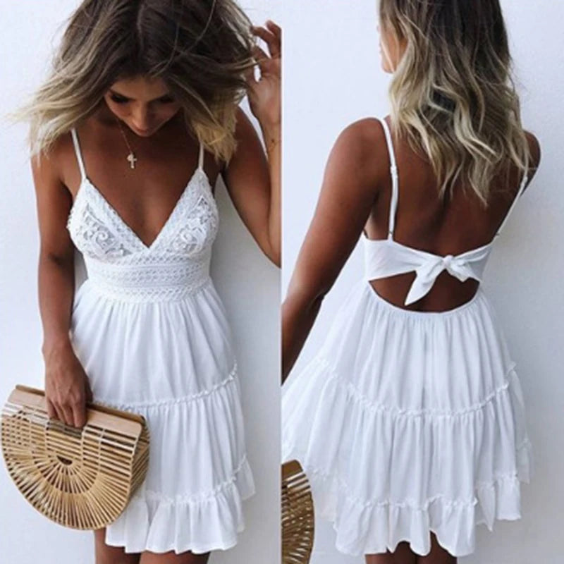 Summer Women Lace Dress Sexy Backless V-neck Beach Dresses 2024 Fashion Sleeveless Spaghetti Strap White Casual Mini Sundress