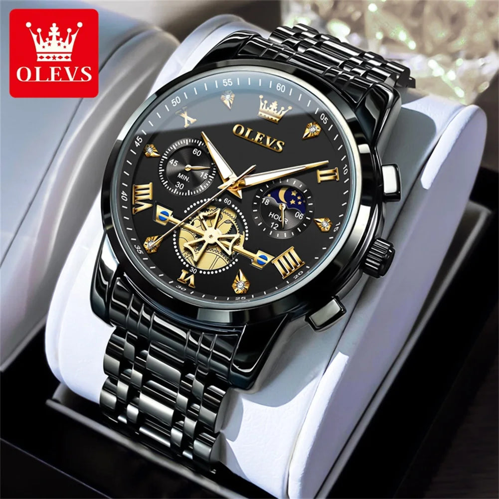 OLEVS Moon Phase Mens Watch Classic Flywheel Waterproof Stainless Steel