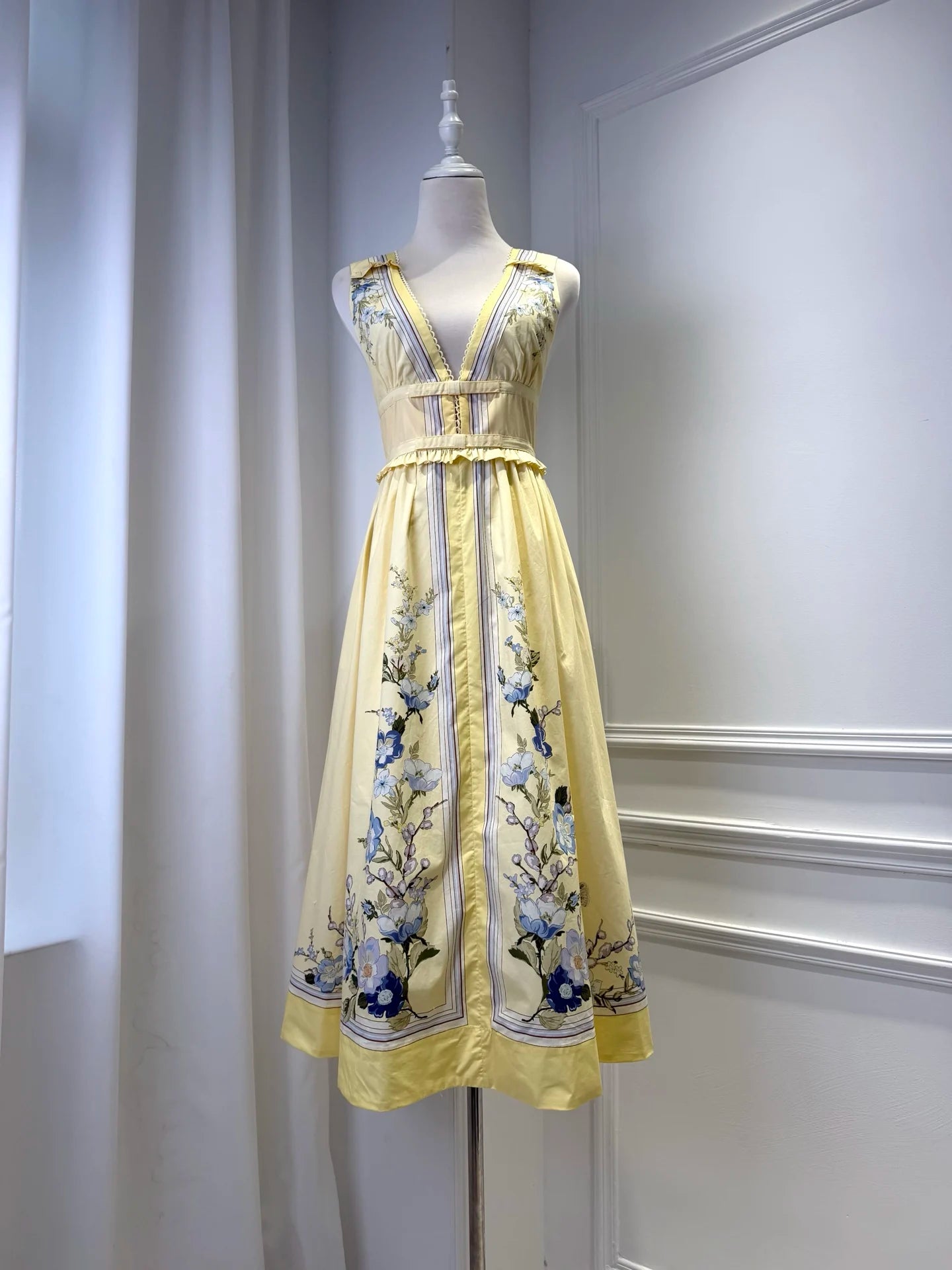 Floral Print Women Yellow Dresses Lace Edge V-Neck Sleeveless Backless Ruffles Spliced High Waist Elegant Cotton Midi Dress