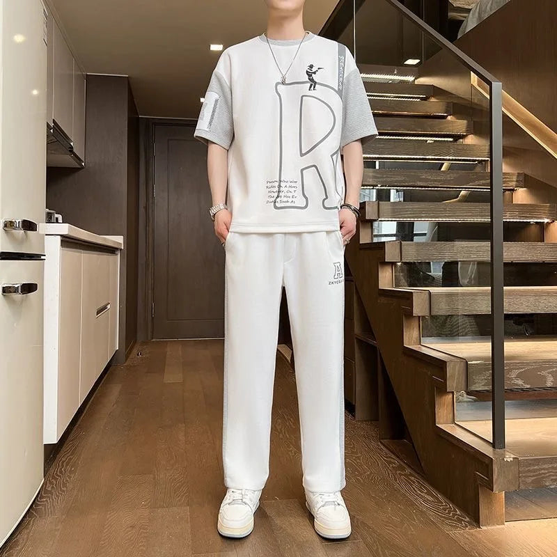 Summer Fashion Trendy Printed Short Sleeve T-Shirt Sports Set Men's Casual Loose Breathable High Quality Plus Size Two-Piece Set