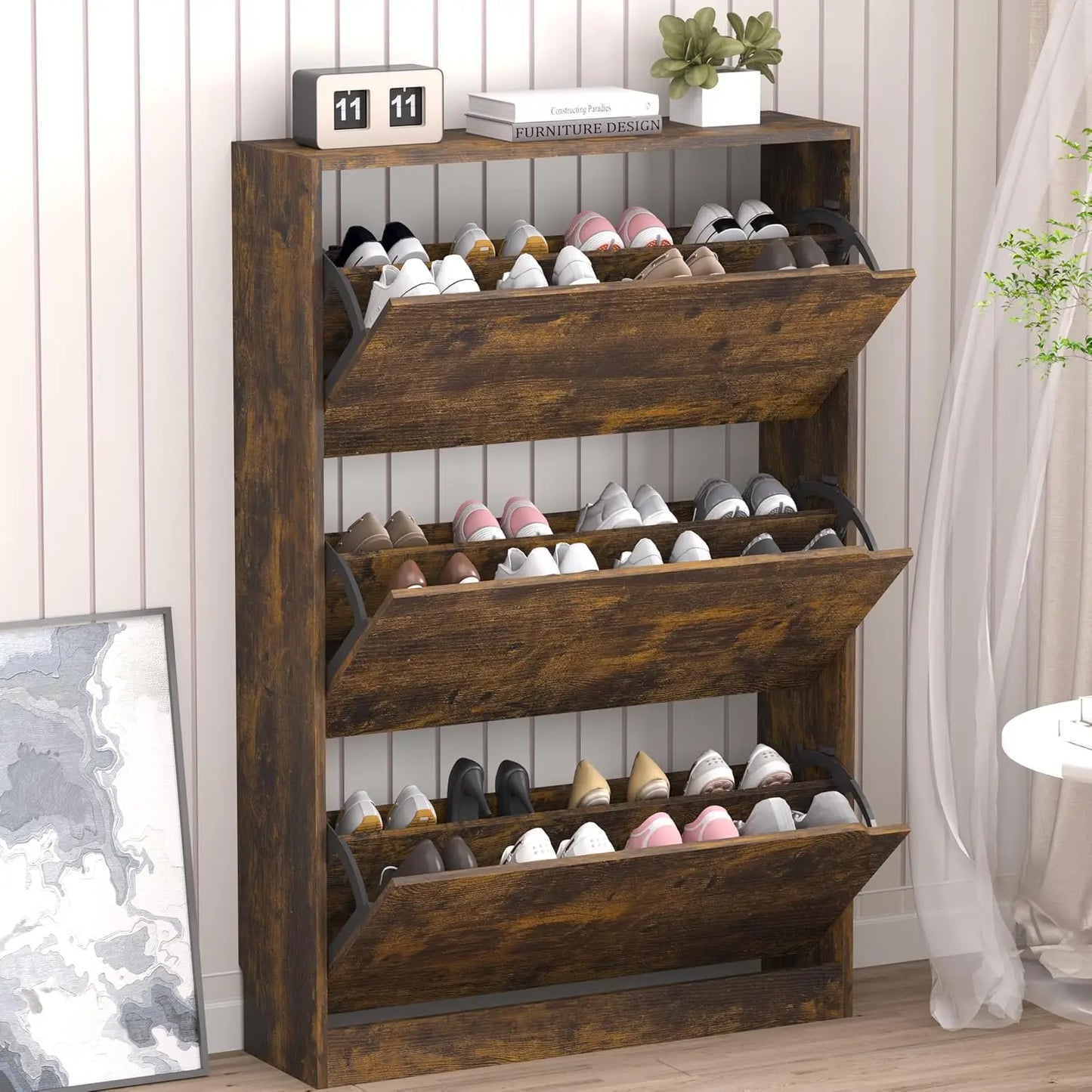 Slim Shoe Cabinet with 3 Flip Drawers, Adjustable Shelves, Freestanding Organizer for Entryway Hallway Closet Storage