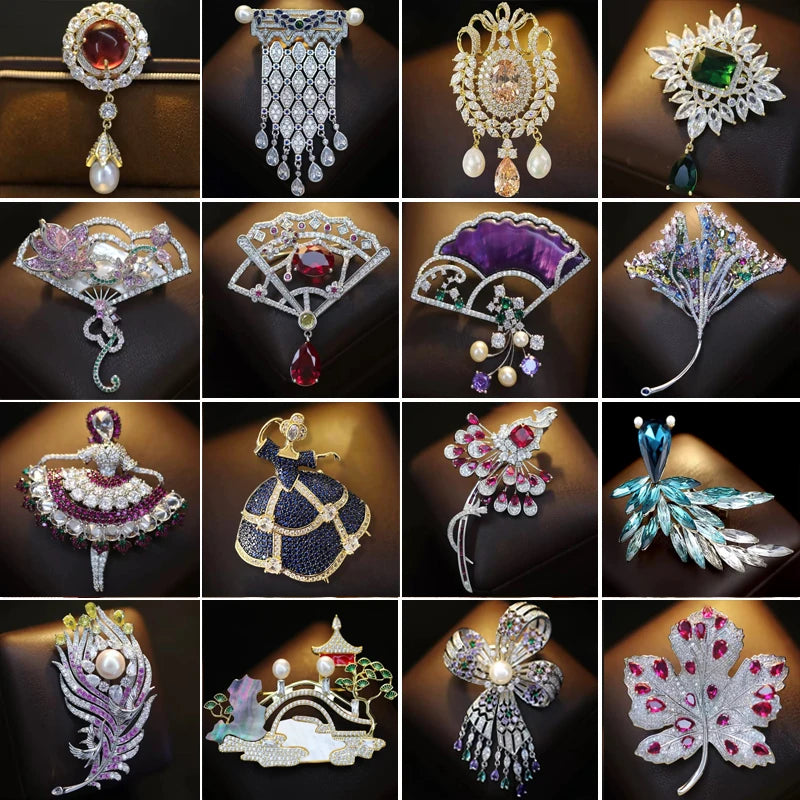 OKILY Palace Elegance Zircon Dancing  Girl Brooch Pins Temperament Enamel Bowknot Fan gingko Feather Corsage for Woman Ornament