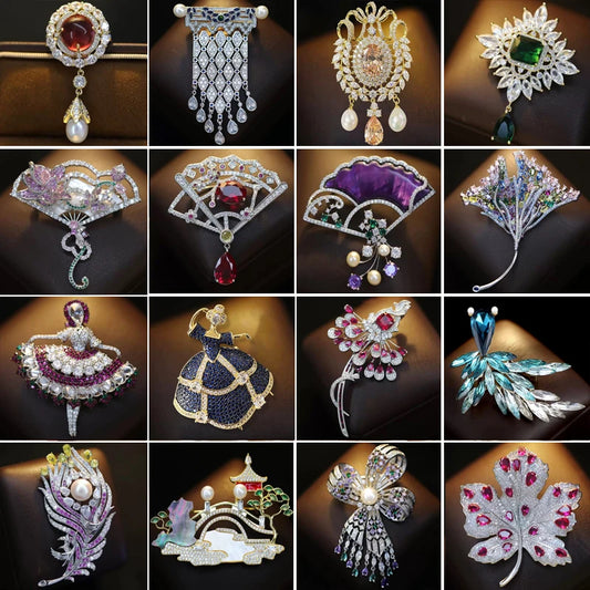 OKILY Palace Elegance Zircon Dancing  Girl Brooch Pins Temperament Enamel Bowknot Fan gingko Feather Corsage for Woman Ornament