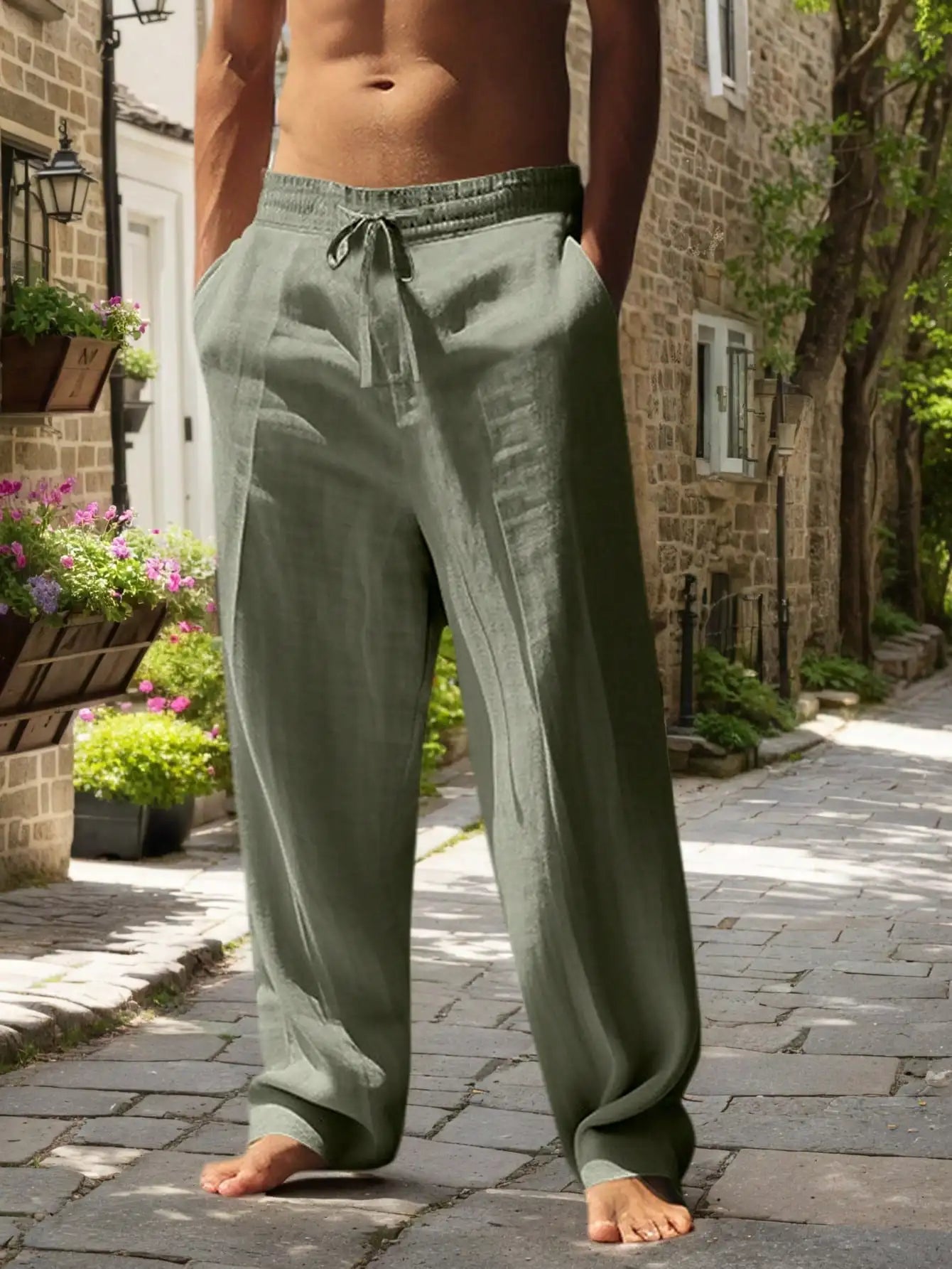 Linen Wide Leg Casual Pants for Men Breathable Summer Lightweight