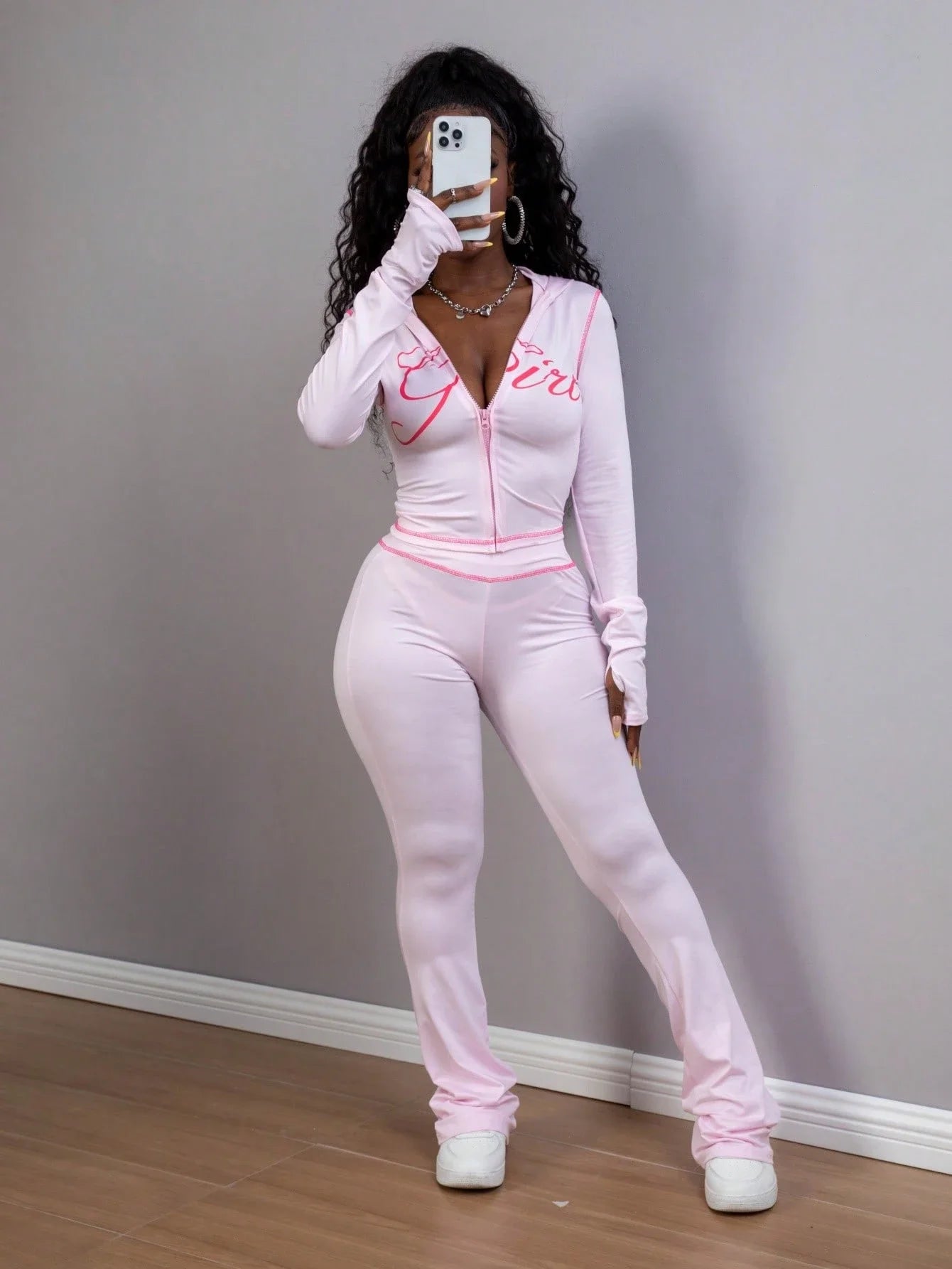 Womens Zip Up Hoodie And Pants Set Graphic Print Streetwear