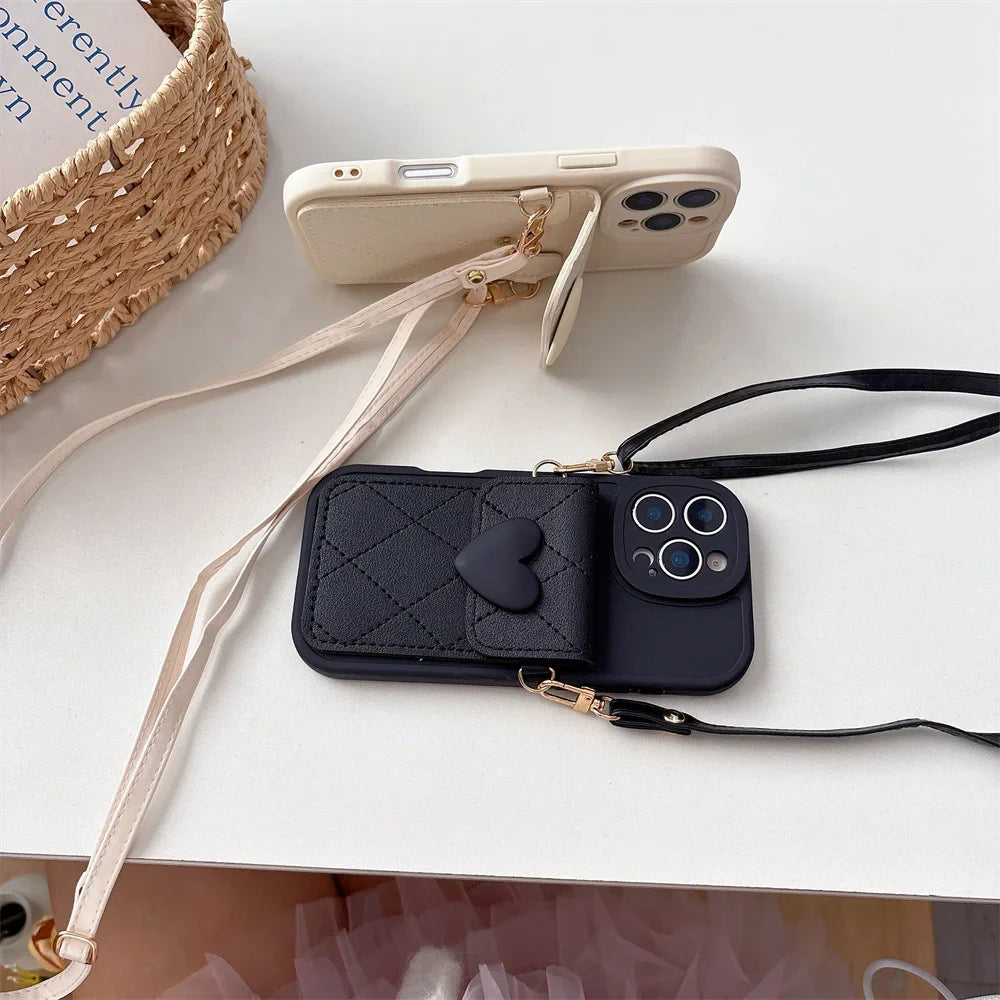 Cute Heart Lanyard Crossbody Card Holder For iPhone Case