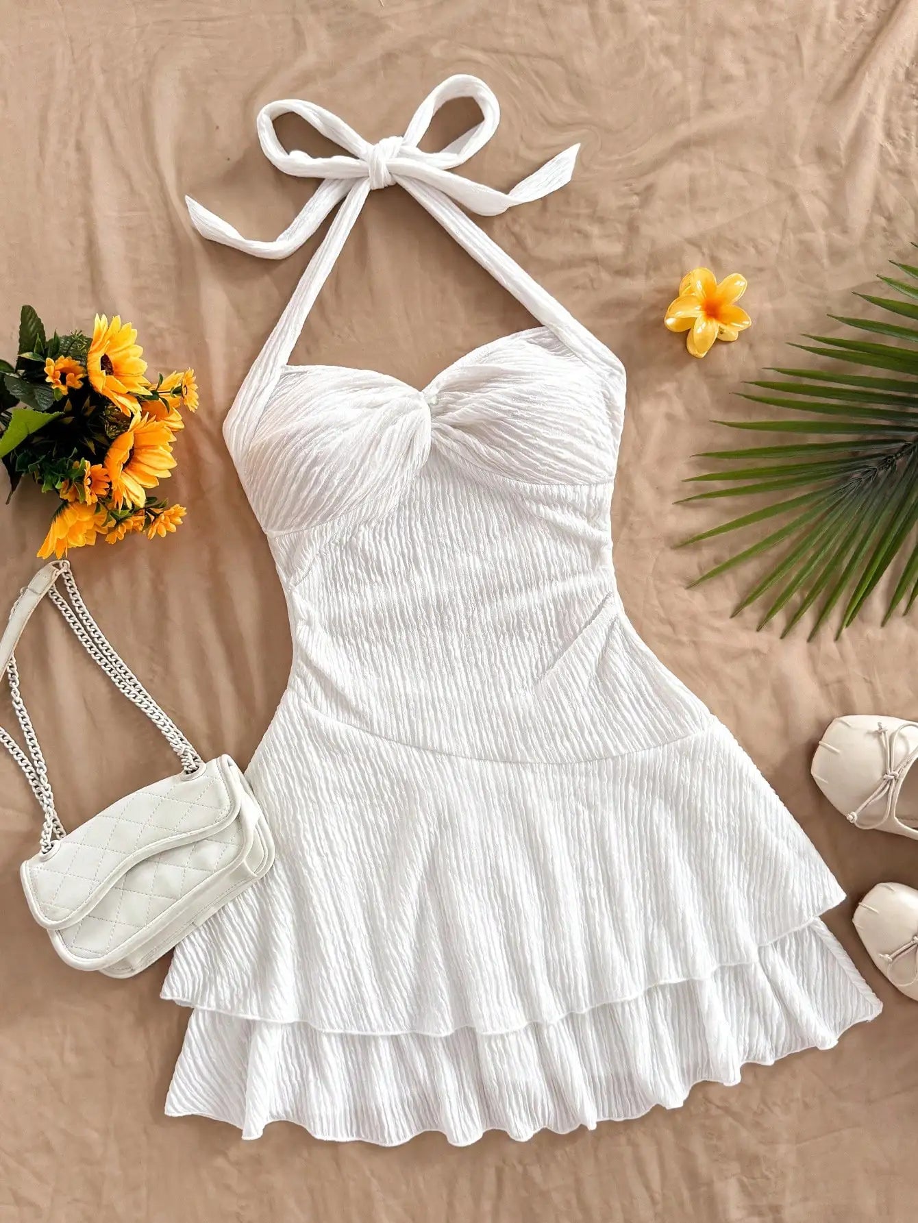 Halter Mini Dress Blue White Floral Print Palm Tree Bohemian Beach Summer Dress