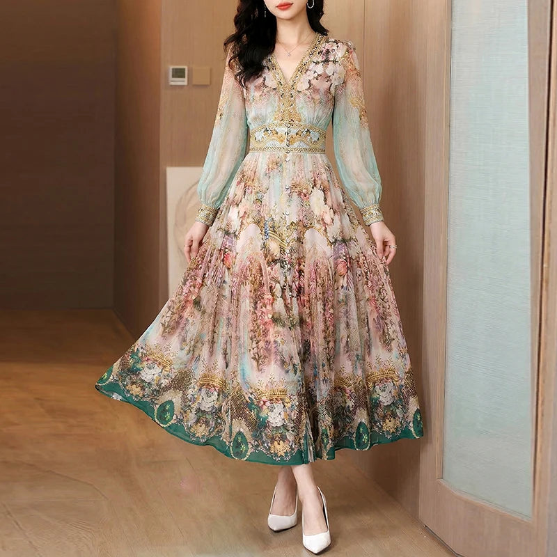 2026 Luxury Silk Casual Midi Dress Summer Women's Vintage Print Elegant Evening Prom Dress Spring Holiday Boho Hepburn Vestidos