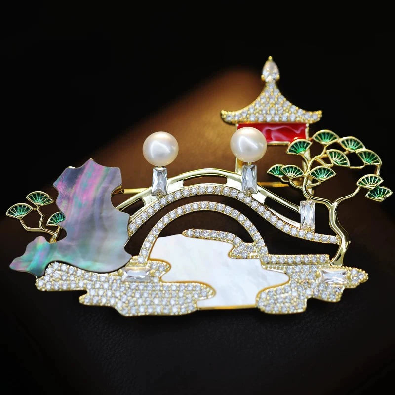 OKILY Palace Elegance Zircon Dancing  Girl Brooch Pins Temperament Enamel Bowknot Fan gingko Feather Corsage for Woman Ornament