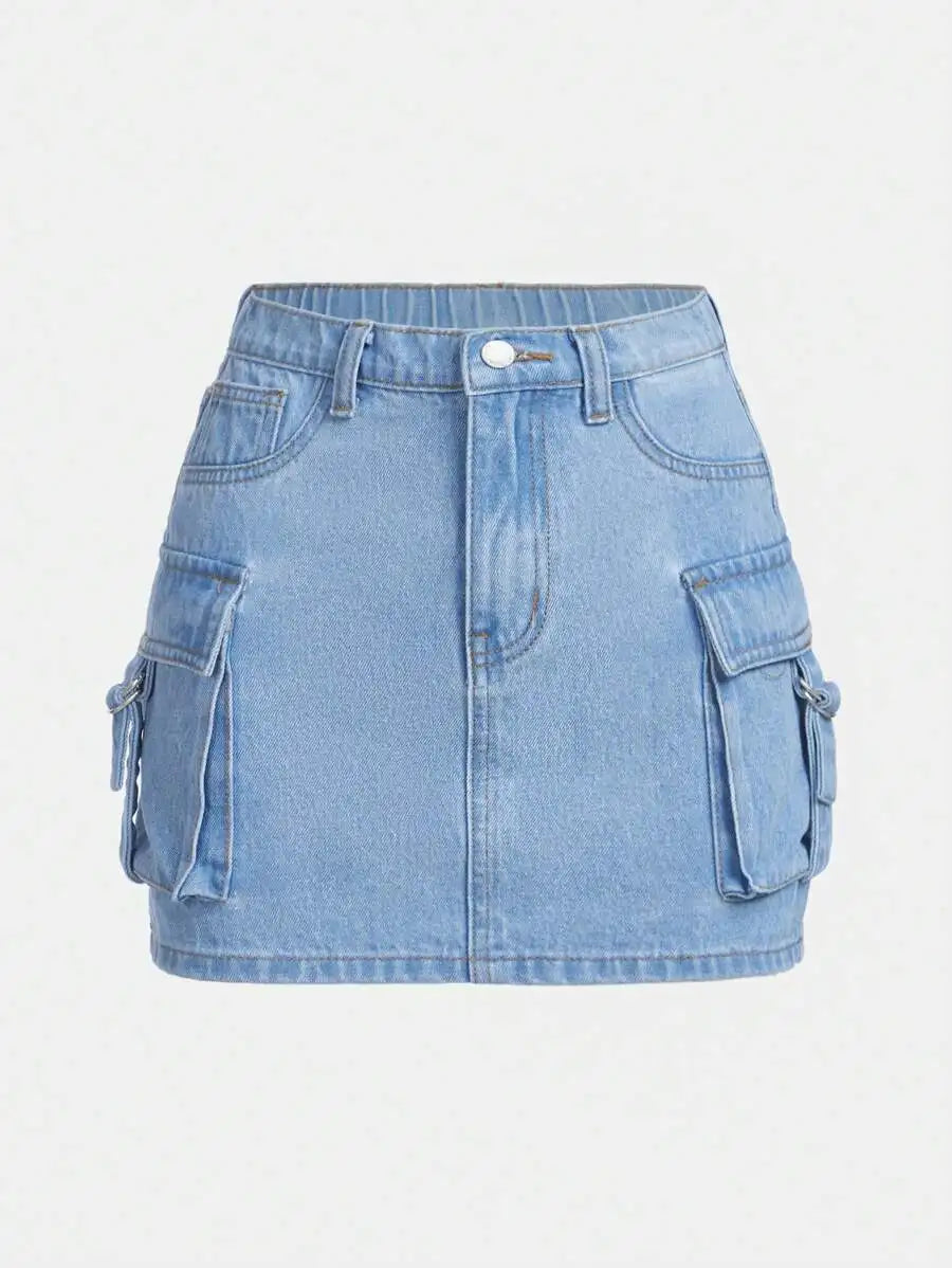 Cargo Pocket Denim Mini Skirt for Teen Girls
