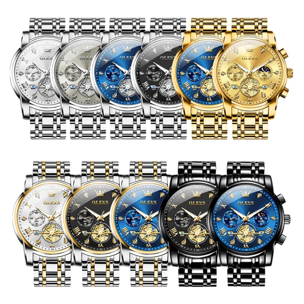 OLEVS Moon Phase Mens Watch Classic Flywheel Waterproof Stainless Steel