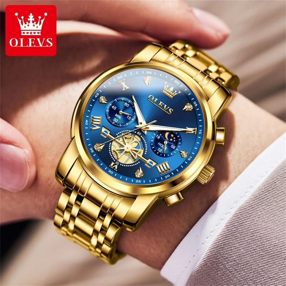 OLEVS Moon Phase Mens Watch Classic Flywheel Waterproof Stainless Steel