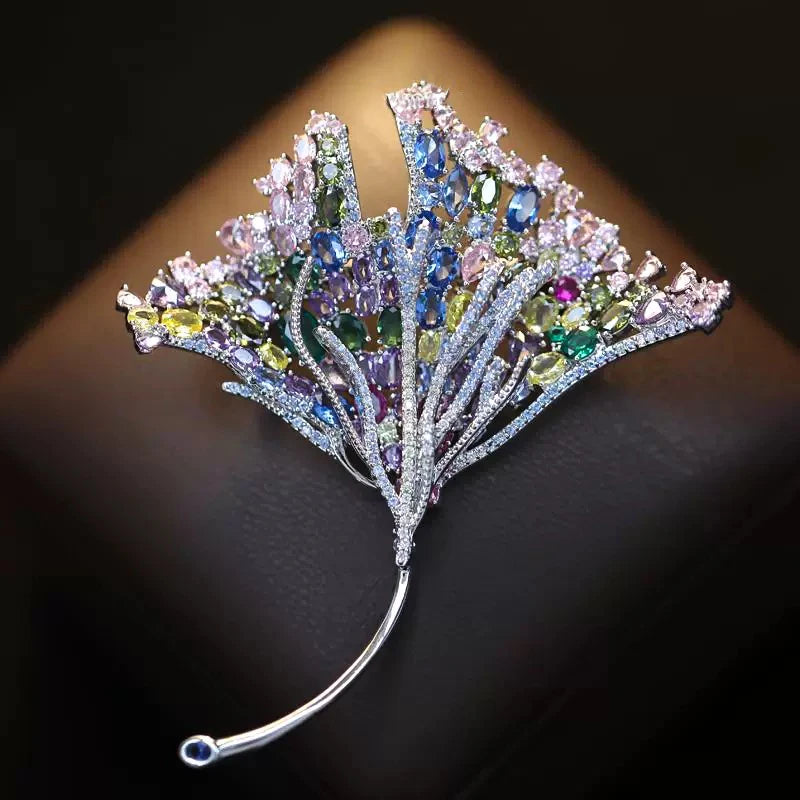 OKILY Palace Elegance Zircon Dancing  Girl Brooch Pins Temperament Enamel Bowknot Fan gingko Feather Corsage for Woman Ornament