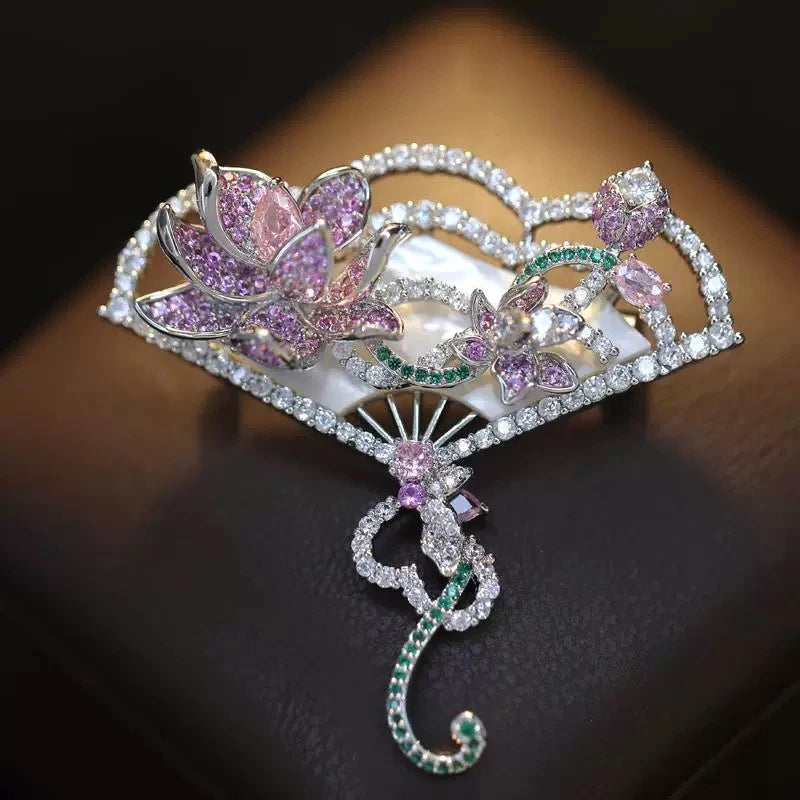 OKILY Palace Elegance Zircon Dancing  Girl Brooch Pins Temperament Enamel Bowknot Fan gingko Feather Corsage for Woman Ornament