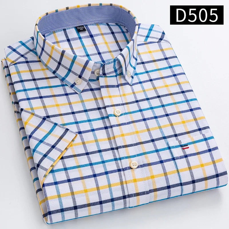 Men's Oxford Short Sleeve Summer Casual Shirts Single Pocket Comfortable Standard-fit Button-down Plaid Striped Cotton Shirt