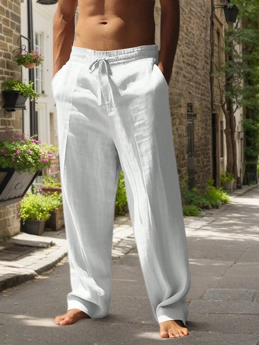 Linen Wide Leg Casual Pants for Men Breathable Summer Lightweight