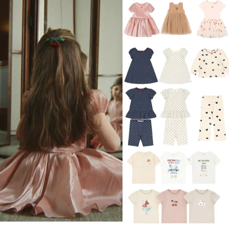 Girls' Dresses 2026 Summer New Arrivals: Pink Floral Print Fashionable Princess Dress, Cute Cartoon Cotton T-Shirts, and Shorts