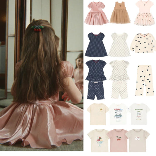 Girls' Dresses 2026 Summer New Arrivals: Pink Floral Print Fashionable Princess Dress, Cute Cartoon Cotton T-Shirts, and Shorts