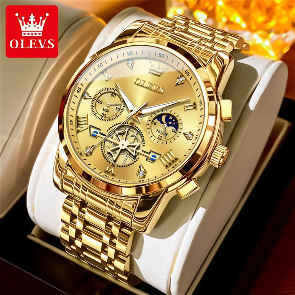 OLEVS Moon Phase Mens Watch Classic Flywheel Waterproof Stainless Steel