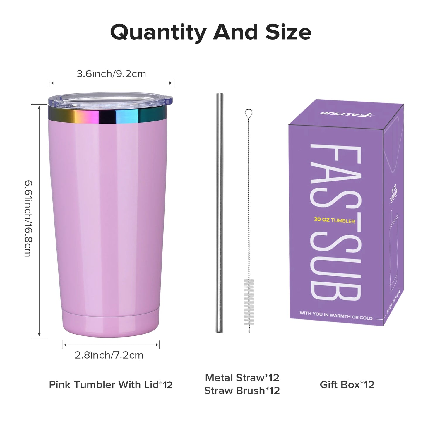 FastsubDrinkware 12 Pack Stainless Steel Tumblers Insulated With Lid