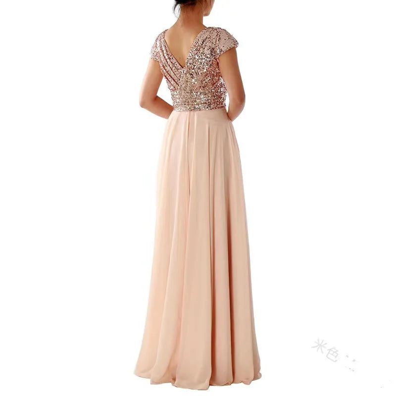 2026 summer new dress V-neck sequined chiffon splicing evening dress dress