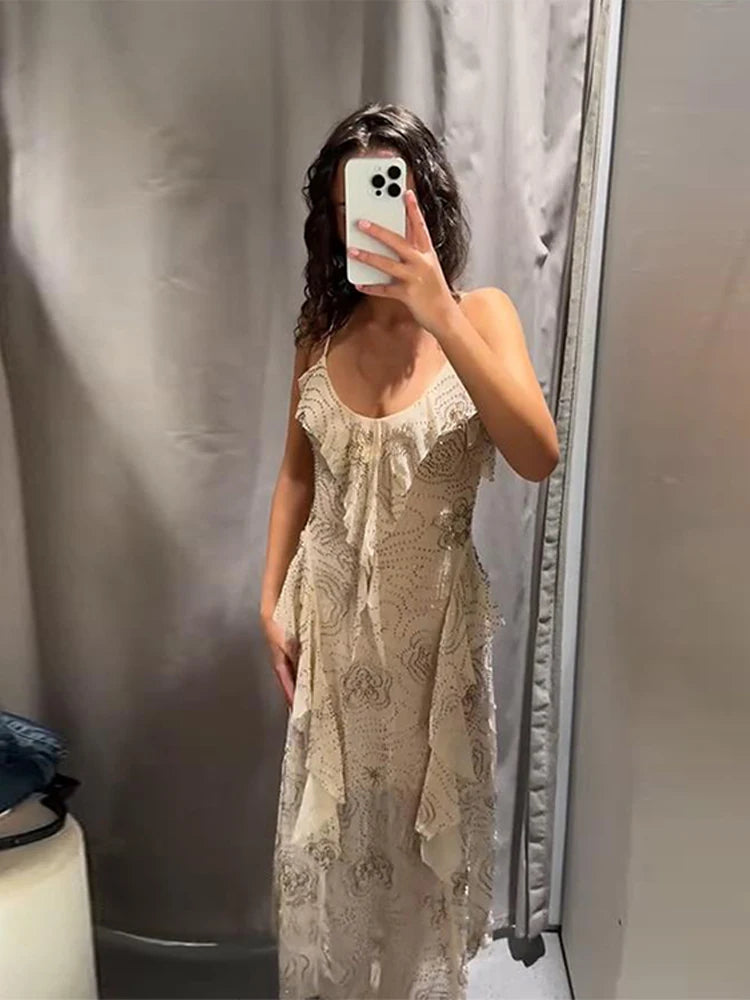 Floral Print V-Neck Sling Dress for Women Ruffle Detail Backless Long Party Gown Elegant Bodycon Style Casual Short Dress