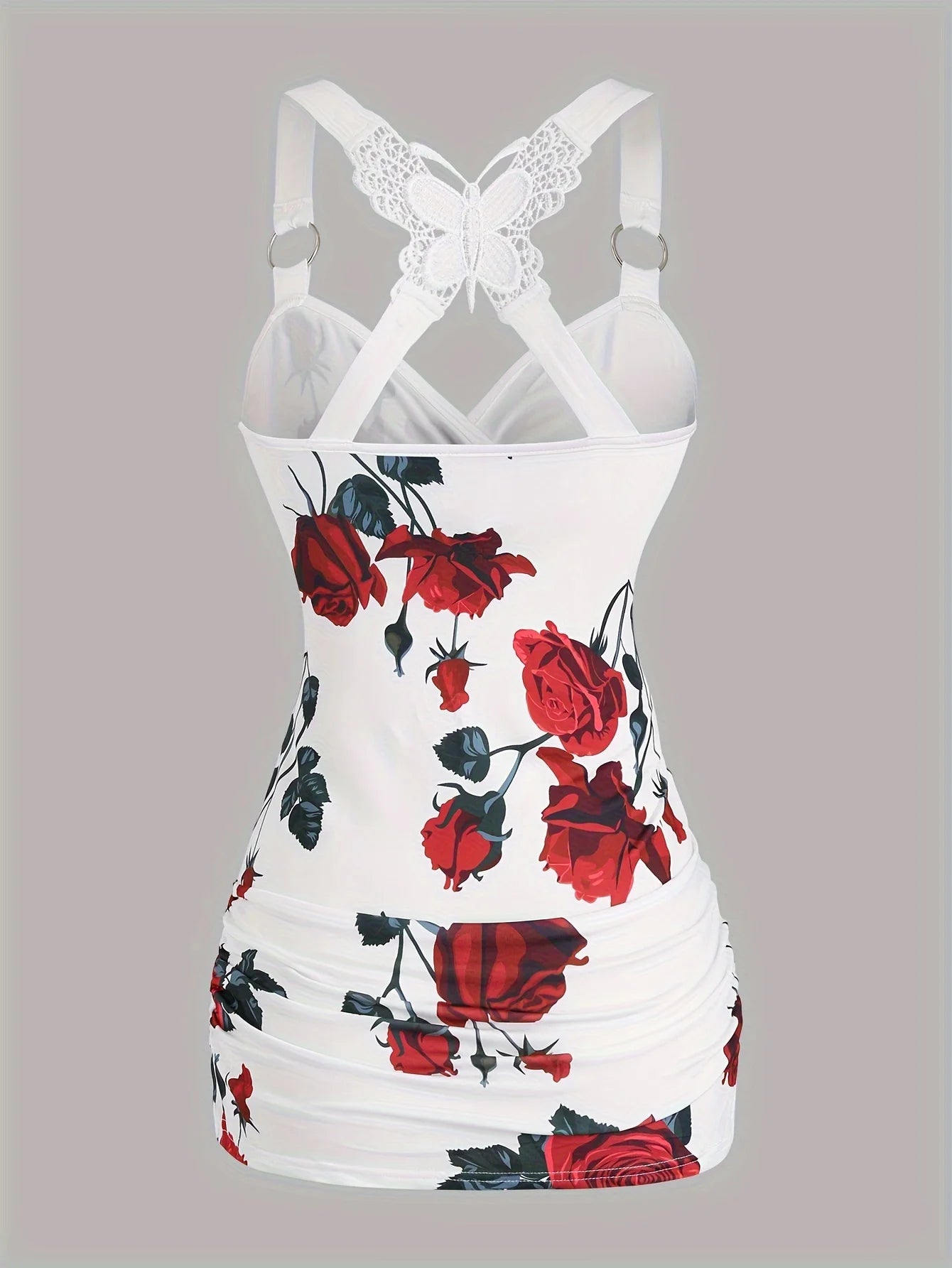 2024 spring and summer Europe and the United States new women's rose print pleated suspenders butterfly lace cross vest.