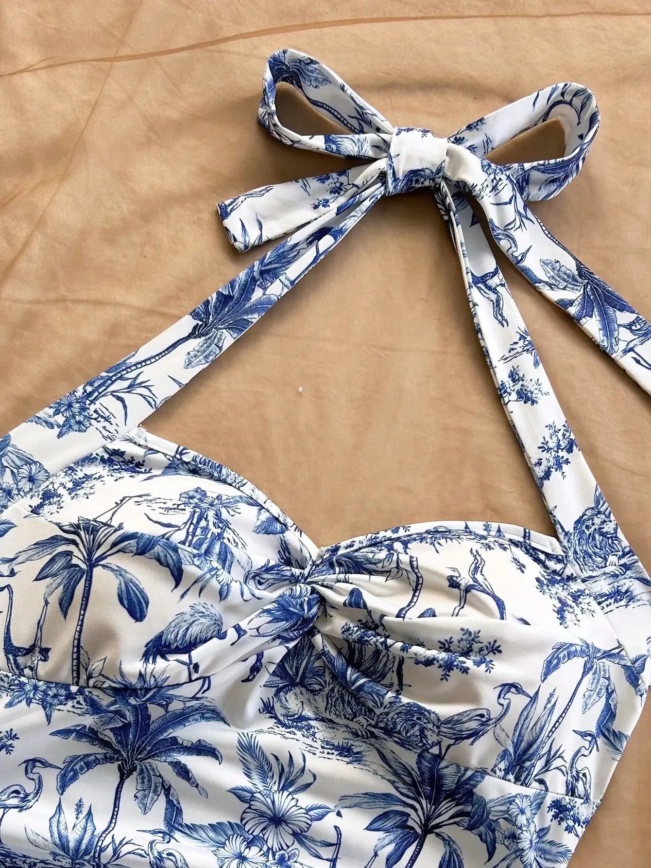 Halter Mini Dress Blue White Floral Print Palm Tree Bohemian Beach Summer Dress