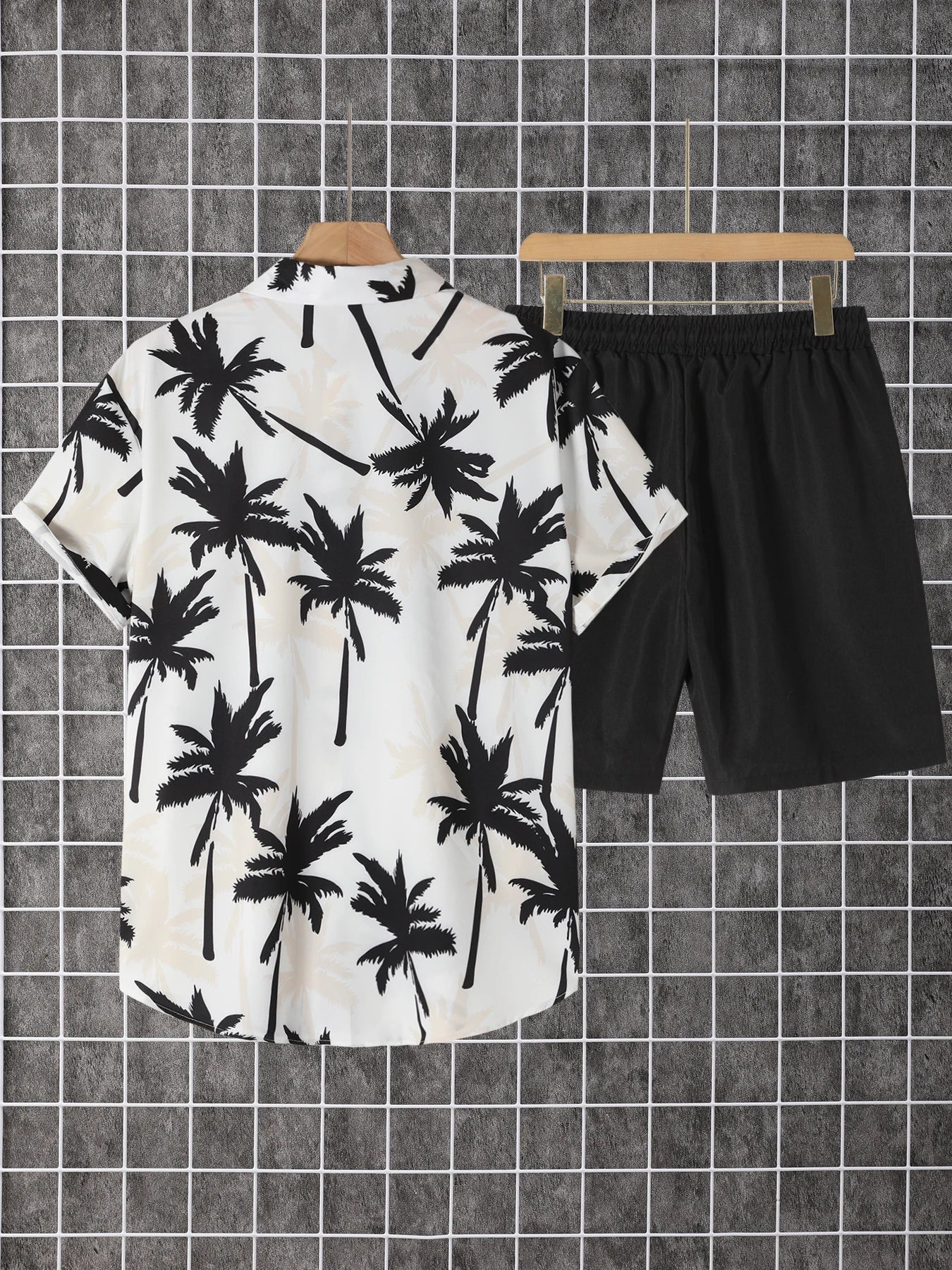 2-pack, men's short-sleeved button-down shirt with a lapel and printed pattern, paired with drawstring pants, for trendy, casual