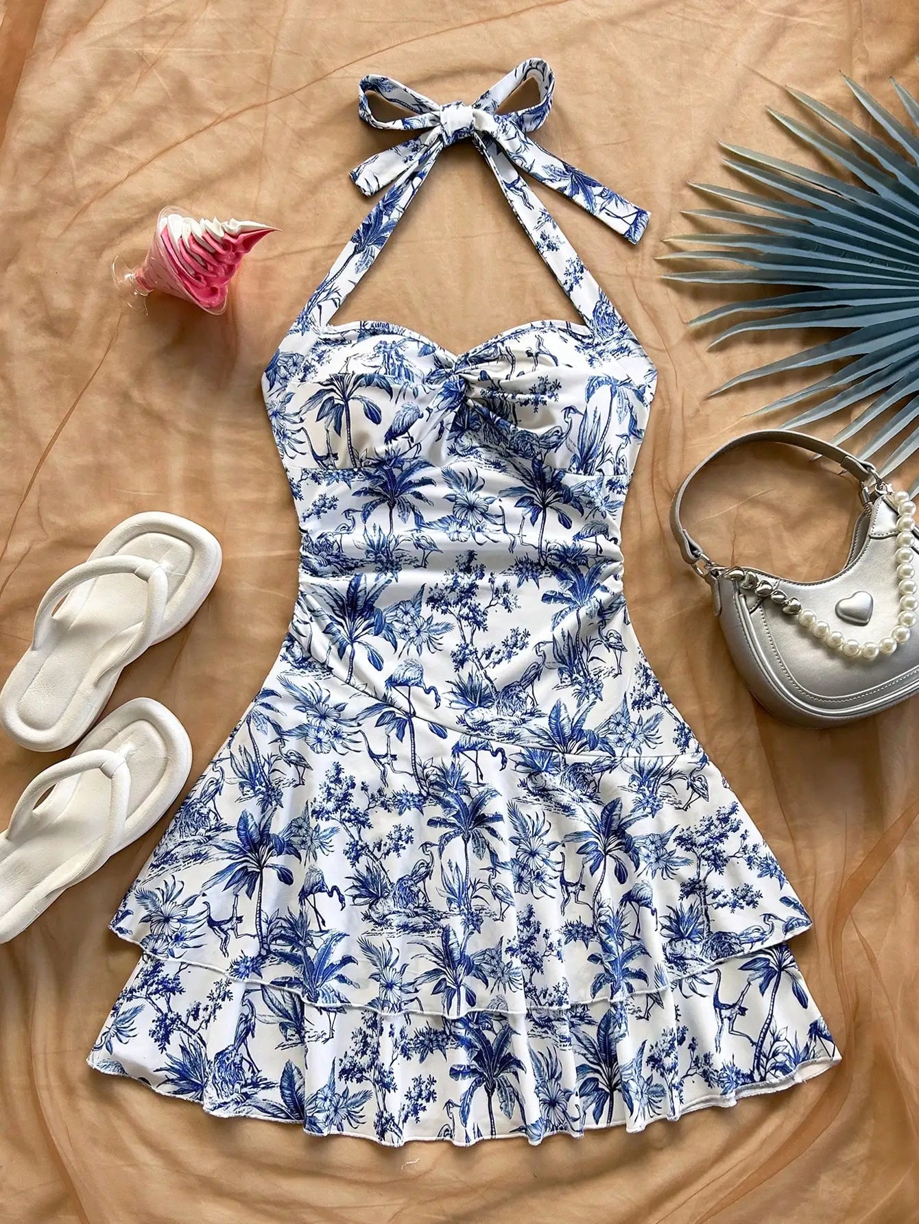 Halter Mini Dress Blue White Floral Print Palm Tree Bohemian Beach Summer Dress