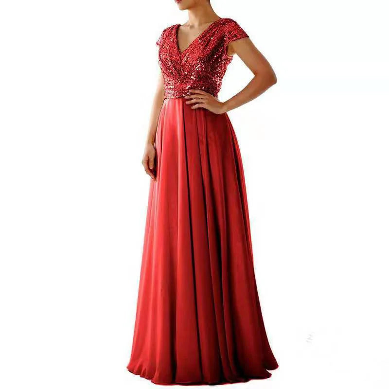 2026 summer new dress V-neck sequined chiffon splicing evening dress dress