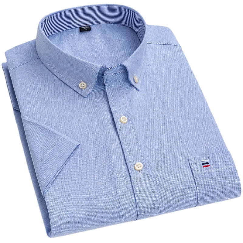 Men's Oxford Short Sleeve Summer Casual Shirts Single Pocket Comfortable Standard-fit Button-down Plaid Striped Cotton Shirt