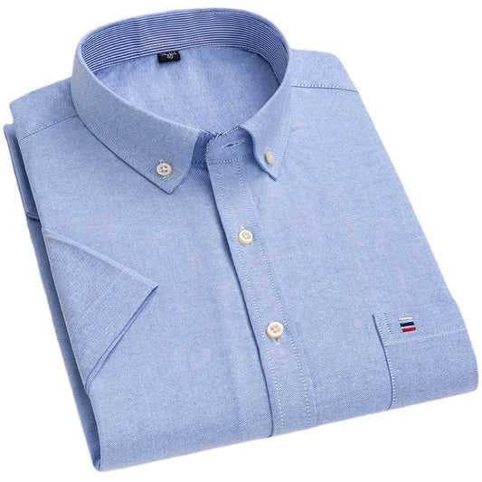 Men's Oxford Short Sleeve Summer Casual Shirts Single Pocket Comfortable Standard-fit Button-down Plaid Striped Cotton Shirt