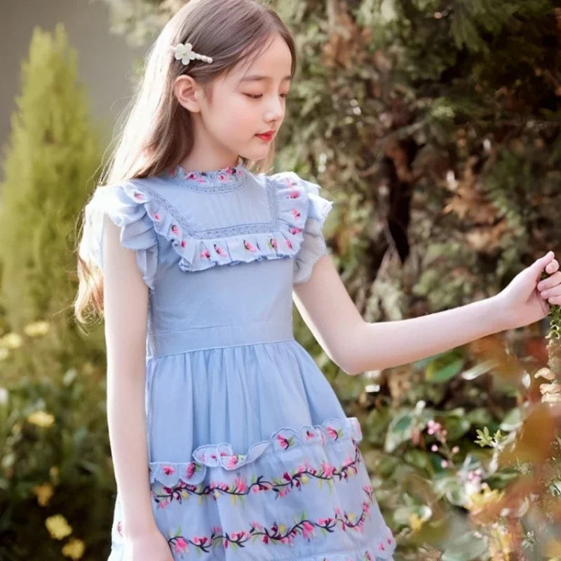 2026 Elegant Kids Blue Floral Embroidery Tulle Princess Gown